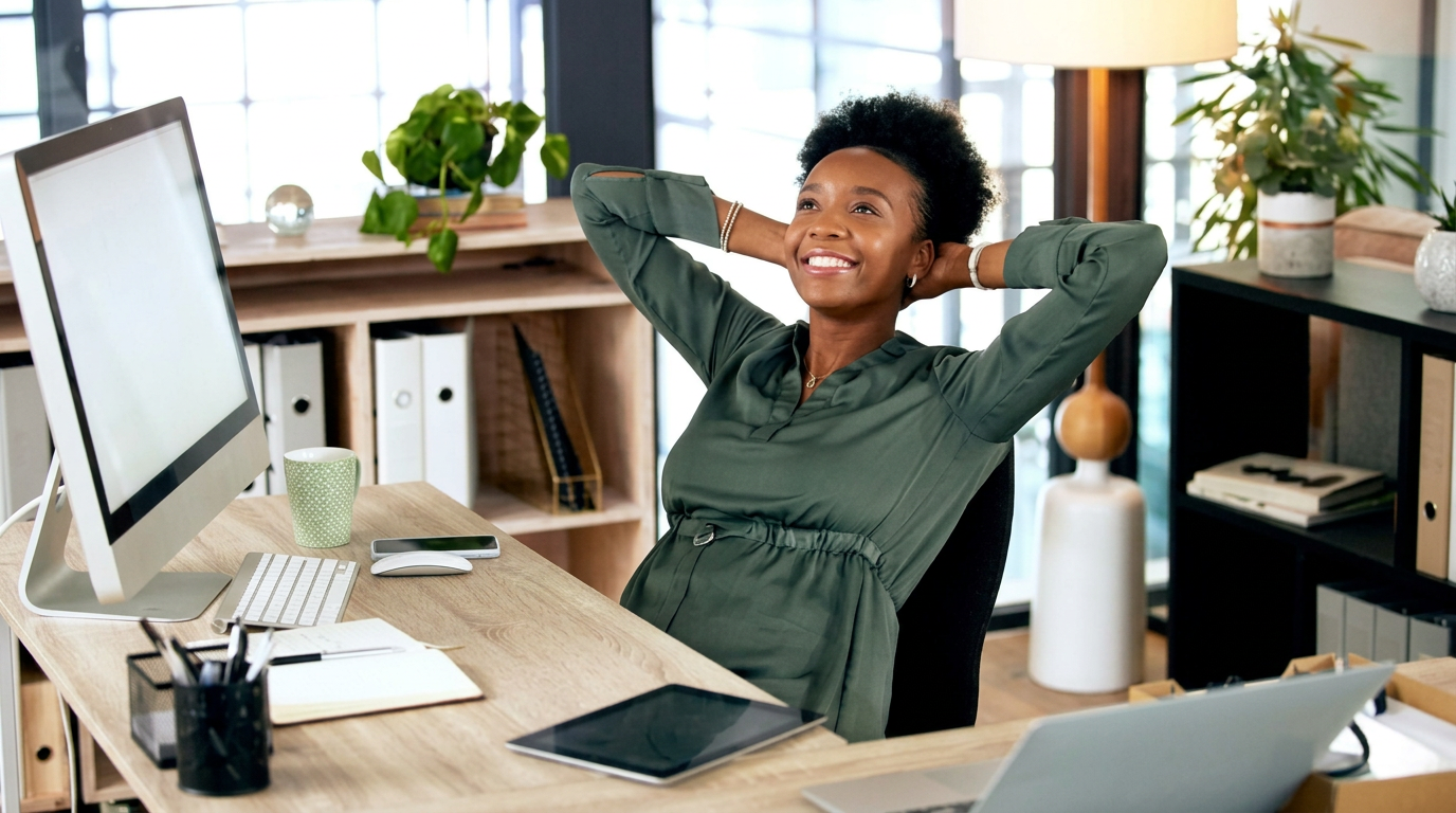 Business owner relaxing at her desk in a bright office